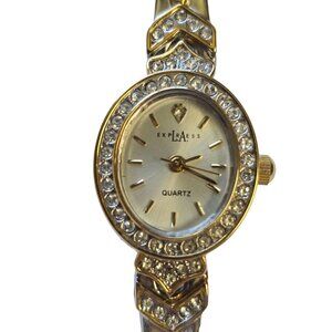 LA Express LA1347 Quartz Vintage Ladies Watch Gold & Silver Rhinestone Accents